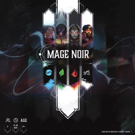 Mage Noir strategic card game box front showing elemental mage duel artwork for 2 players