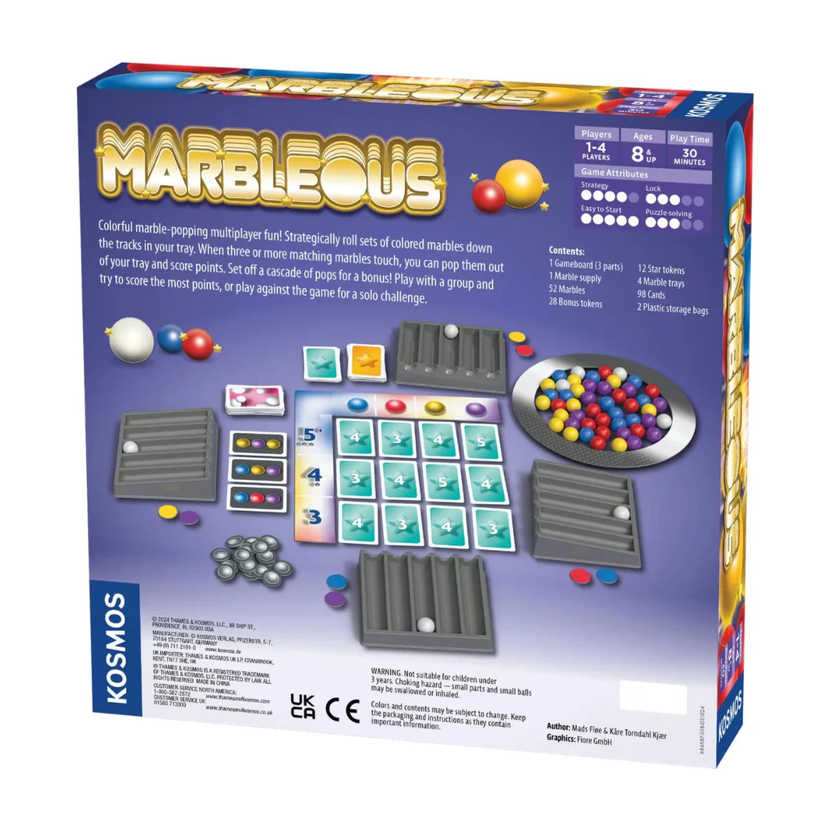 Back of Marbleous board game box showing 1 to 4 players, ages 8 plus, 30 minute play time, components and marble-popping gameplay details.