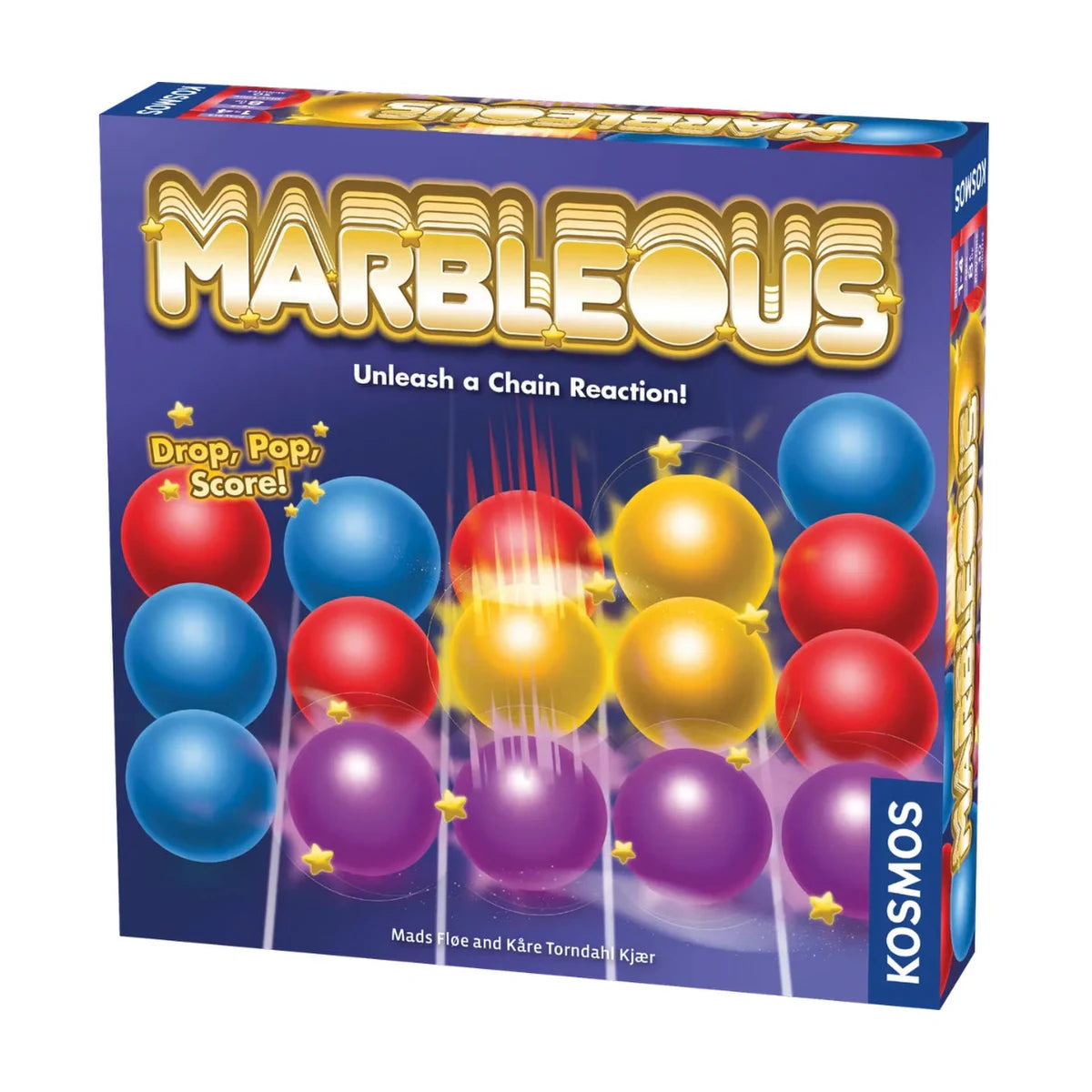Marbleous Kosmos board game front box with colourful marble chain reaction artwork for a family strategy game.