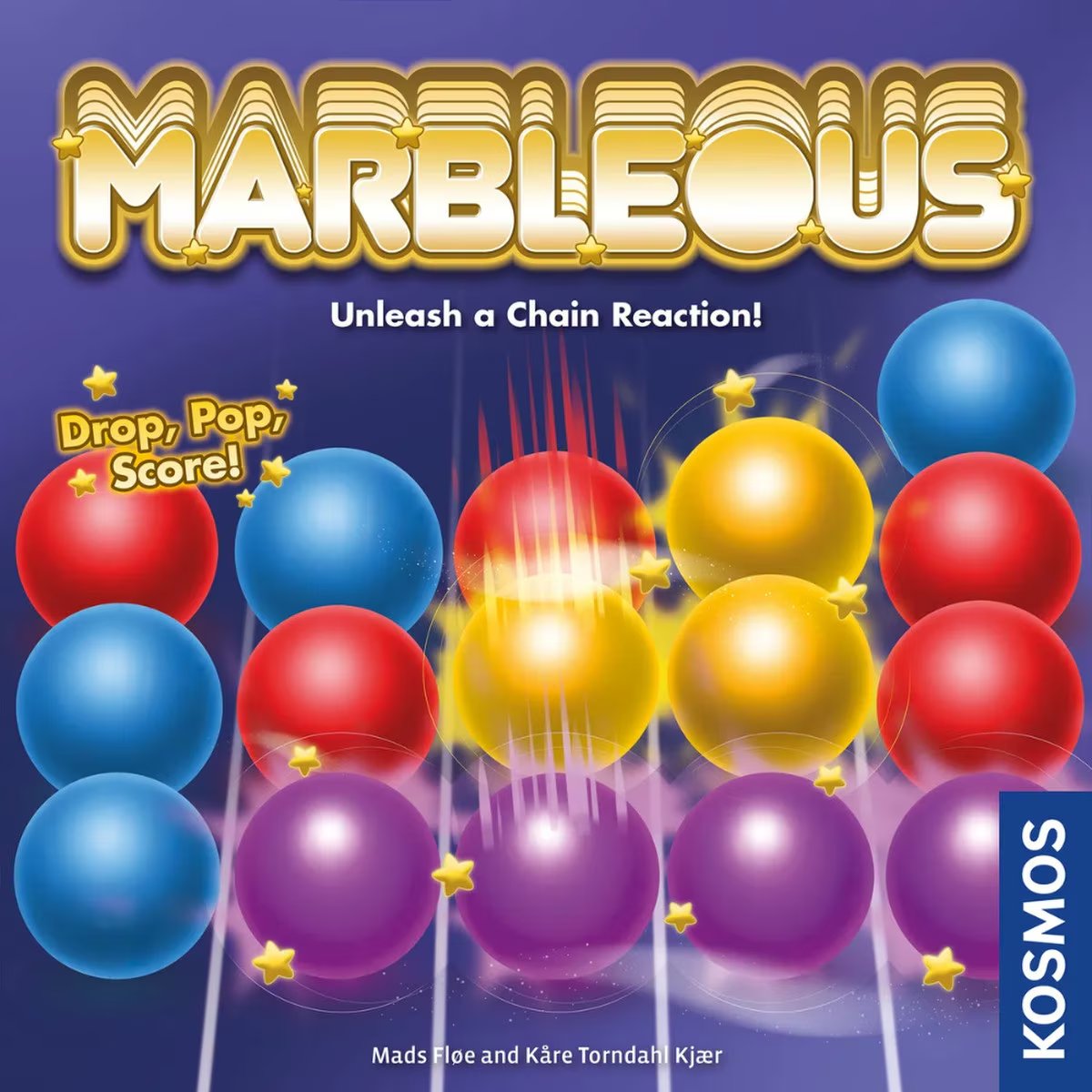 Marbleous board game cover art showing colourful marbles and chain reaction popping theme for ages 8 plus.
