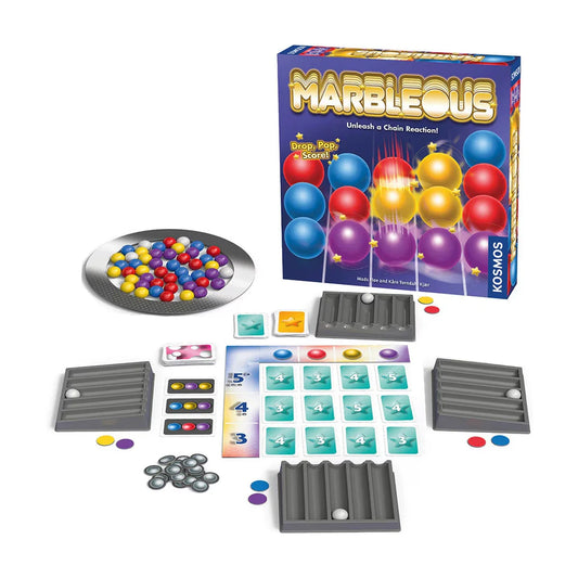 Marbleous board game components showing colourful marbles, marble trays, cards, tokens, gameboard and Kosmos box for family play.