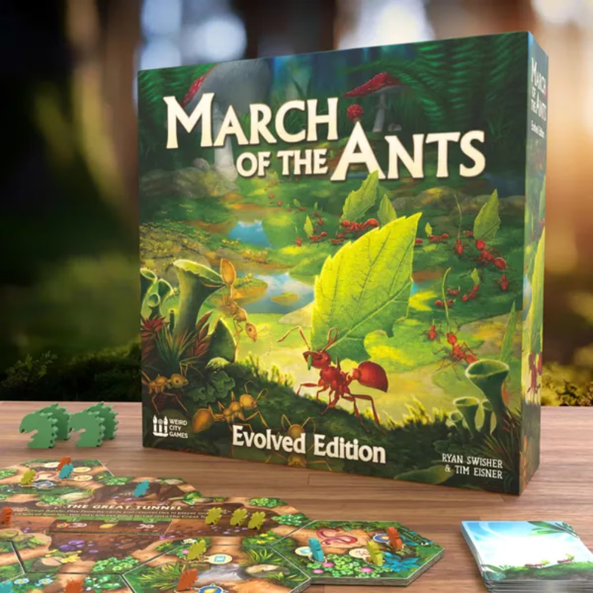 March of the Ants Evolved Edition board game box by Weird City Games with Meadow tiles and wooden ant meeples