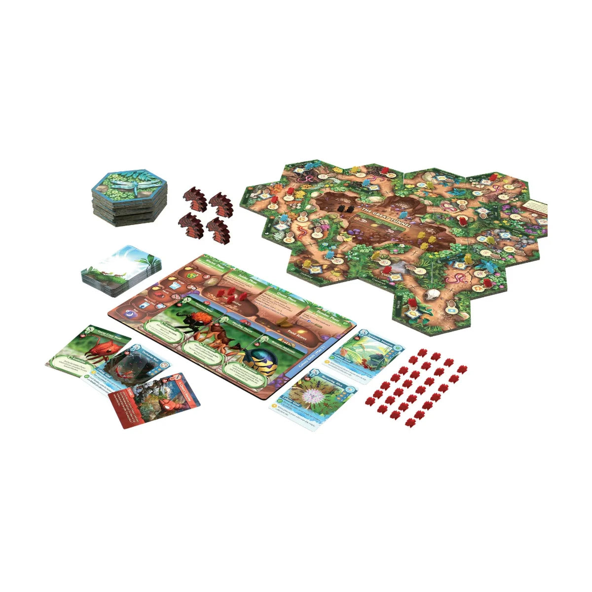 March of the Ants Evolved Edition components showing the modular Meadow, Nest Mat, cards, wooden ants, hexes and tokens