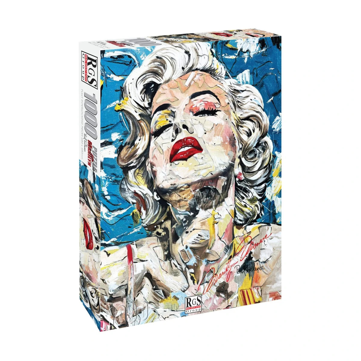 Marilyn 1000pc jigsaw puzzle box showing bold portrait artwork with blue background and red lips
