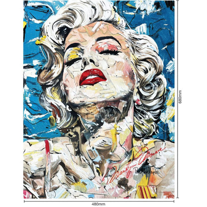 Marilyn 1000pc jigsaw puzzle size guide showing finished size 680 by 480 mm