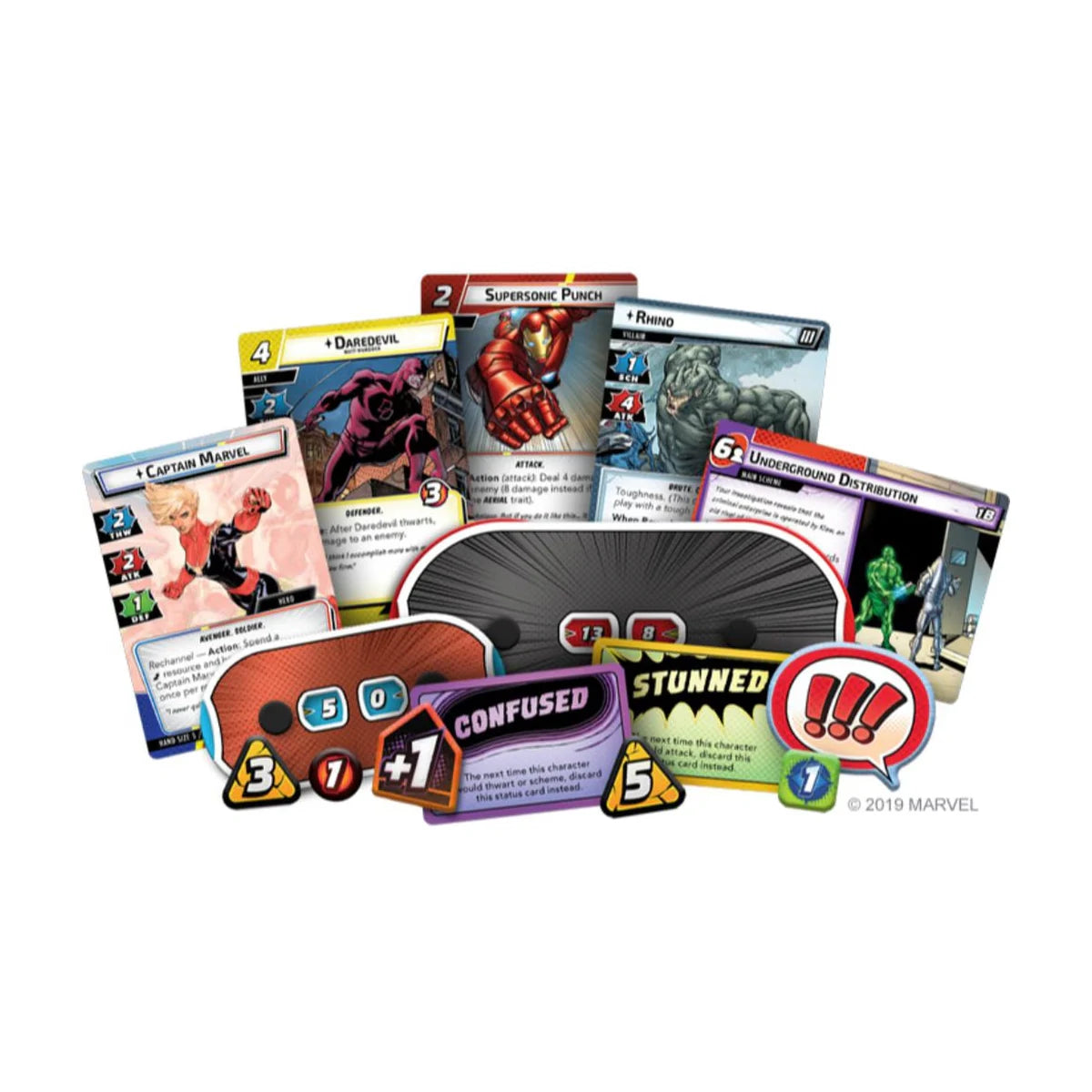 Marvel Champions cards, status cards, tokens and hit point dials