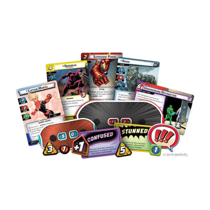 Marvel Champions cards, status cards, tokens and hit point dials