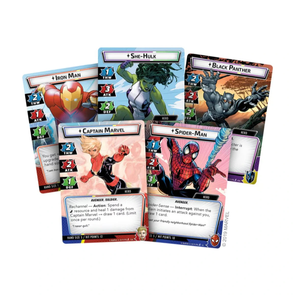 Marvel Champions hero cards featuring Iron Man, She-Hulk, Black Panther, Captain Marvel and Spider-Man