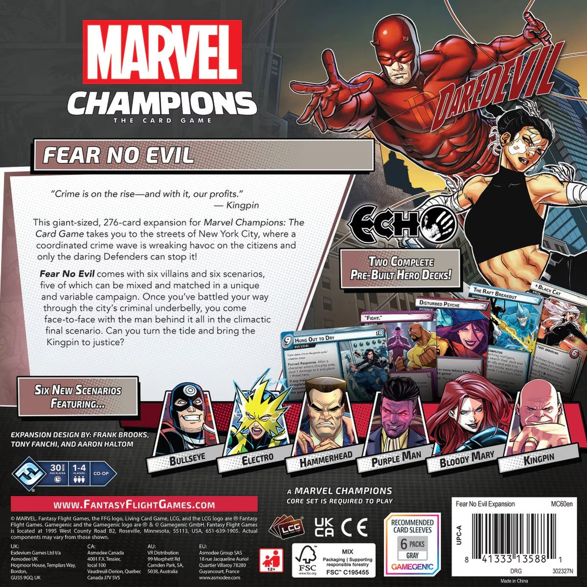 Marvel Champions Fear No Evil Expansion back showing Daredevil, Echo, villains and campaign features