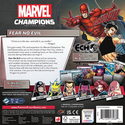 Marvel Champions Fear No Evil Expansion back showing Daredevil, Echo, villains and campaign features