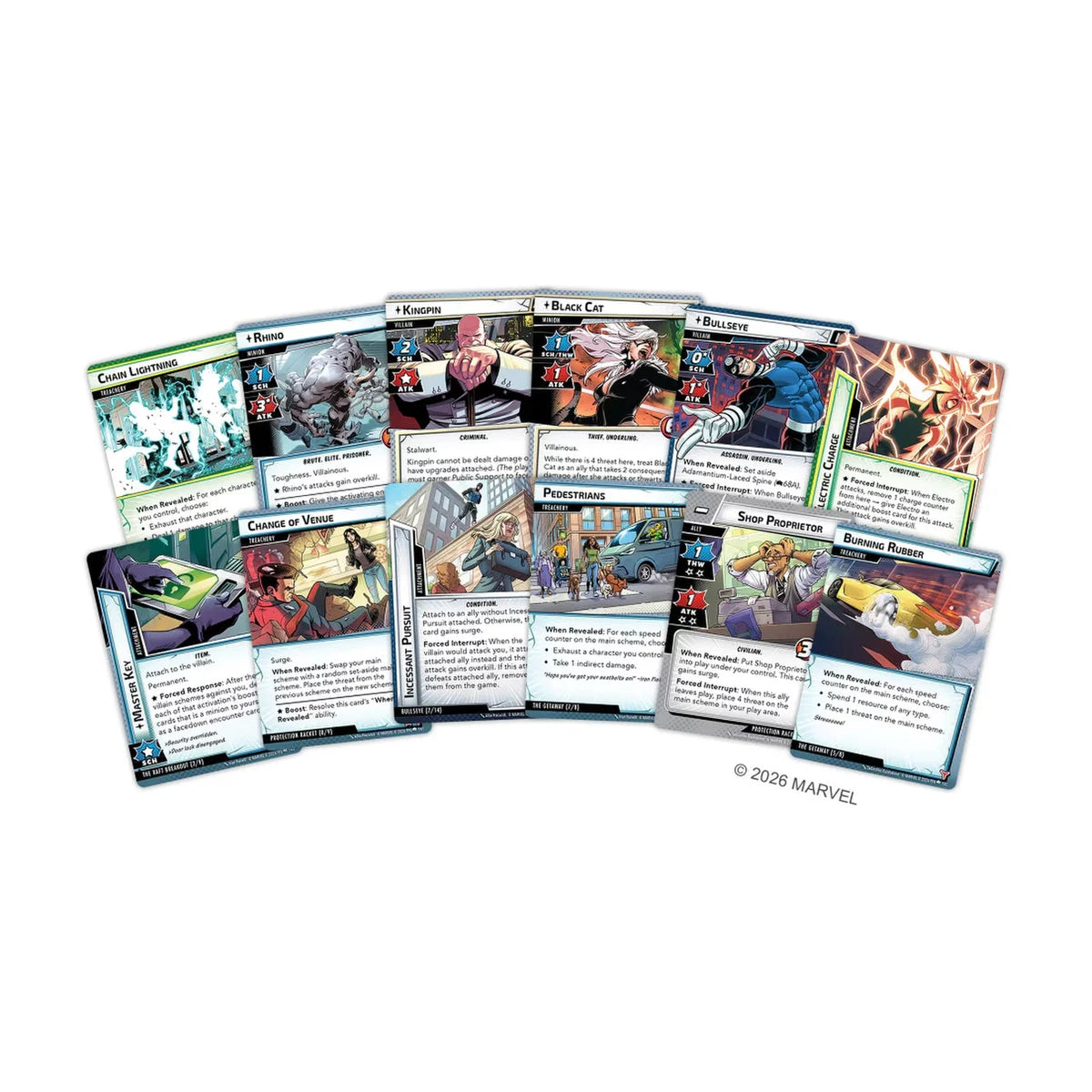 Marvel Champions Fear No Evil cards featuring Kingpin, Black Cat, Bullseye and scenario cards