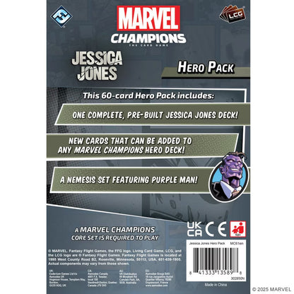 Marvel Champions Jessica Jones Hero Pack back showing 60-card contents and Purple Man nemesis set