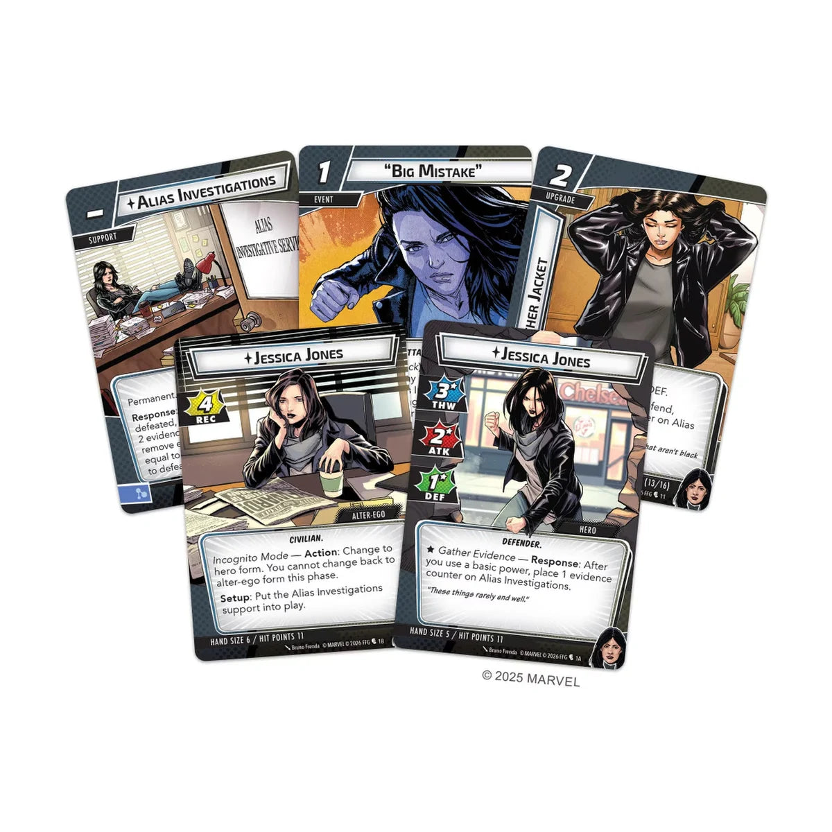 Marvel Champions Jessica Jones hero, alter-ego and Justice cards