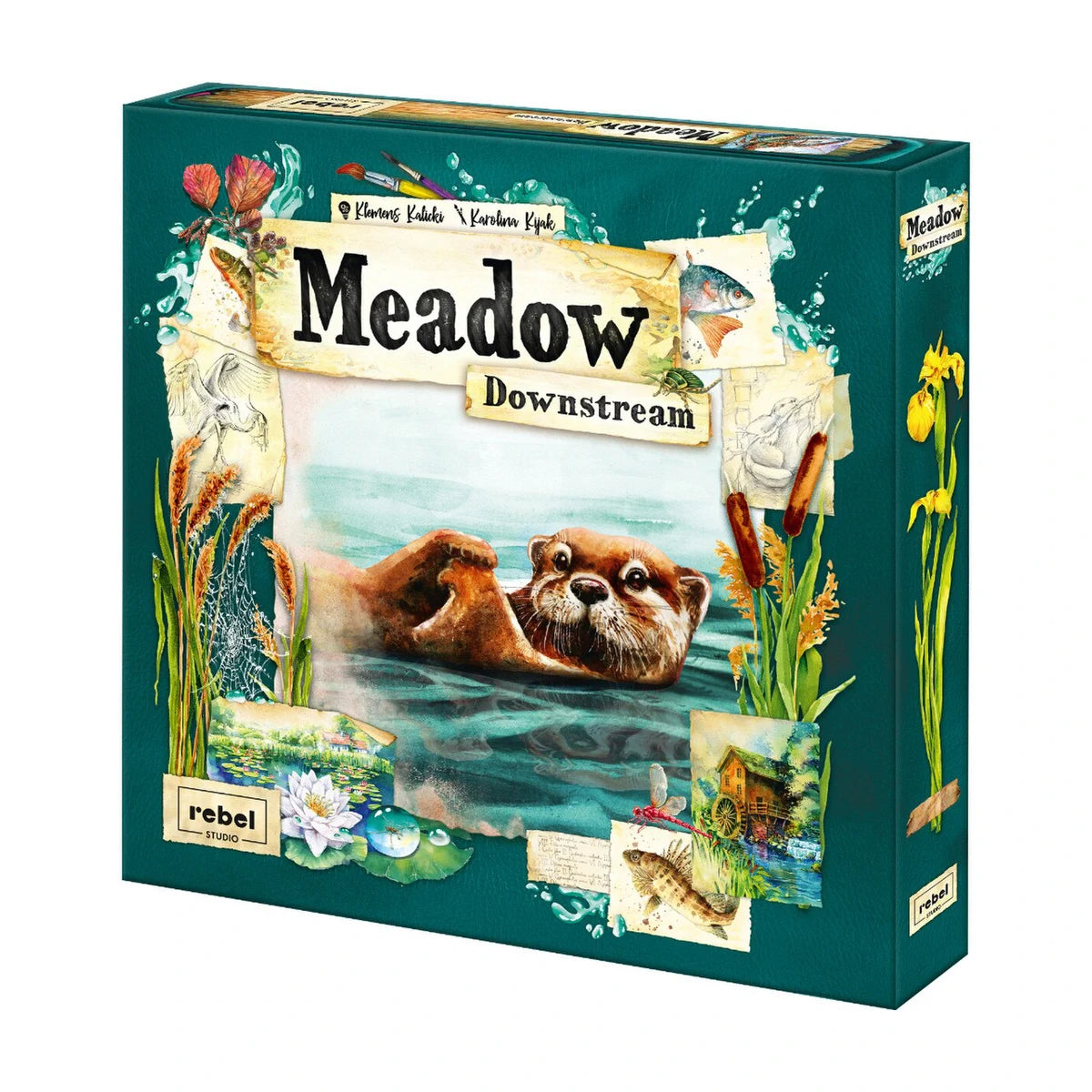 Meadow Downstream board game expansion box featuring an otter swimming among reeds and aquatic nature artwork