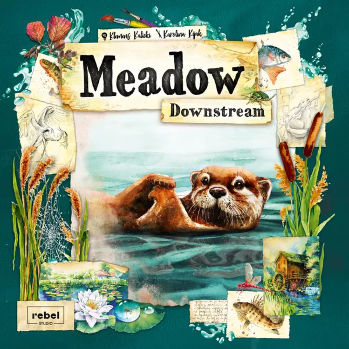 Meadow Downstream expansion cover featuring an otter swimming among reeds, water lilies, fish and aquatic nature illustrations