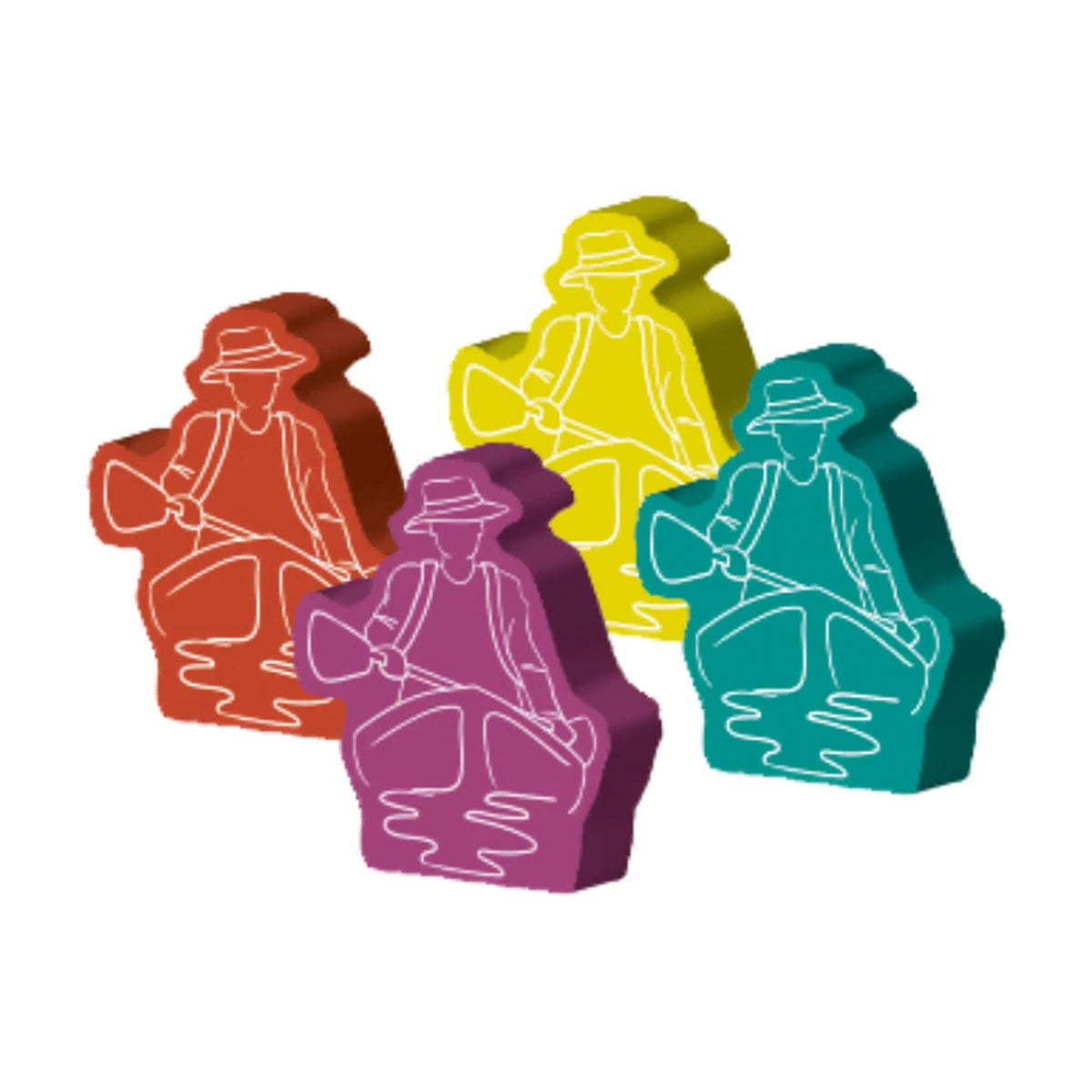 Meadow Downstream board game expansion kayaker markers in four player colours