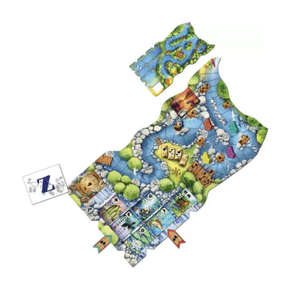 Meadow Downstream expansion river board set up with cards, kayaker markers and river gameplay components