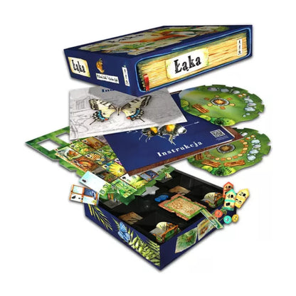 Meadow nature board game components with game box, boards, cards, tokens, deck holders and illustrated rule materials