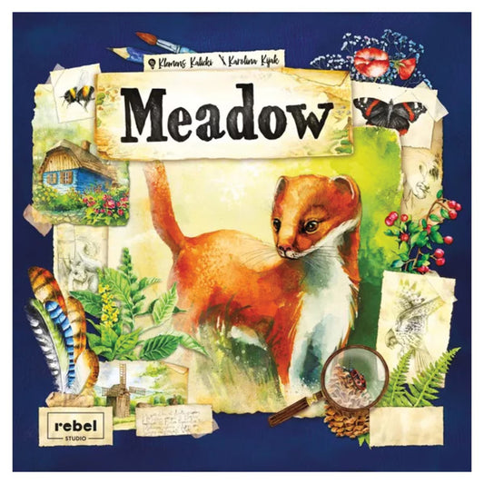 Meadow nature board game cover featuring a stoat surrounded by butterflies, plants, birds and nature illustrations