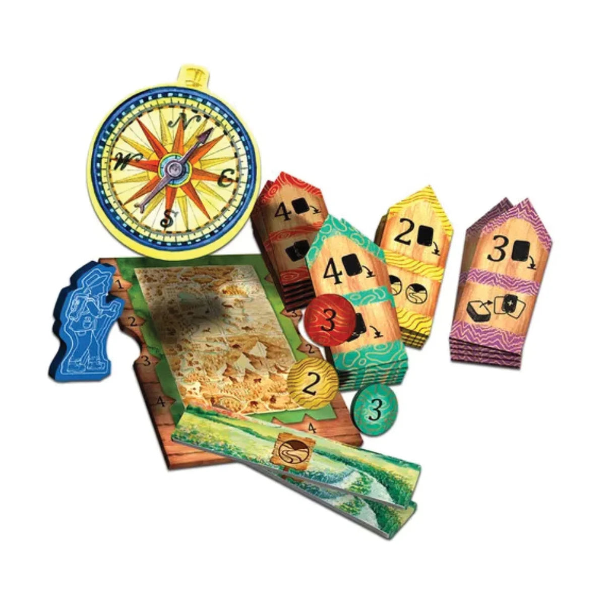 Meadow board game Path Tokens with compass first player token, map board, markers and scoring tokens