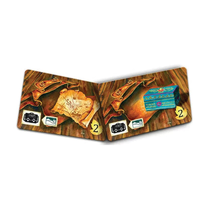 Meadow board game illustrated travel cards showing a map and collected discoveries with game requirement symbols