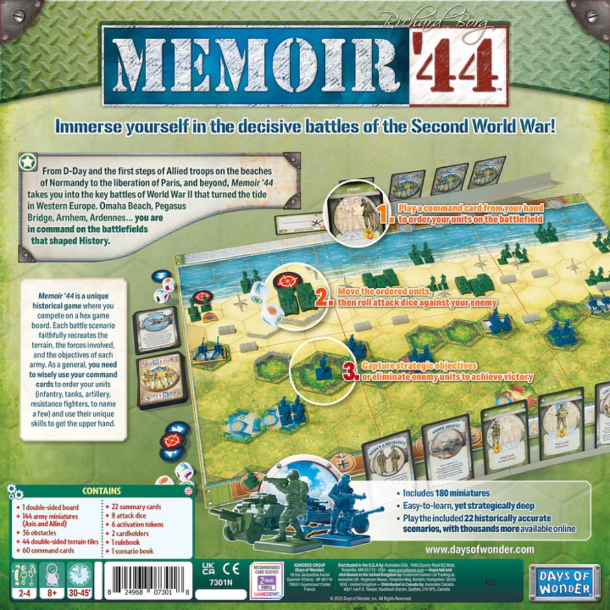 Memoir ’44 Refresh back of box showing battlefield board, command cards, terrain tiles and miniatures