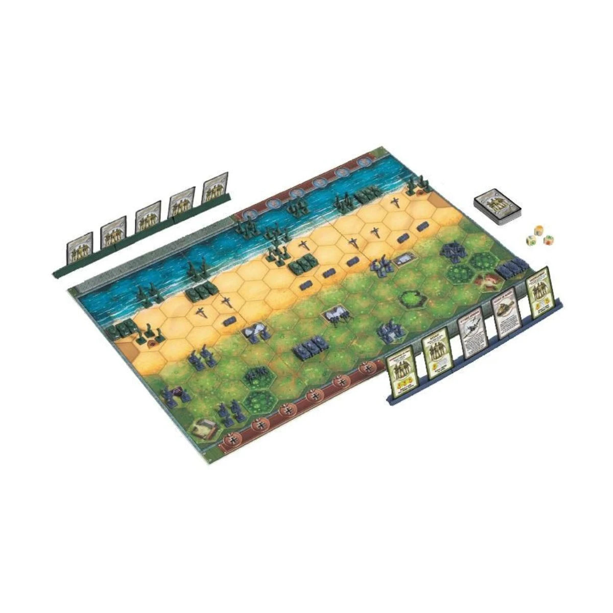 Memoir ’44 board game battlefield setup with miniatures terrain command cards and dice