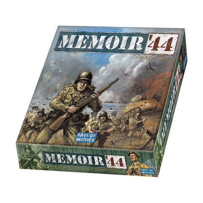 Memoir ’44 World War II board game box shown at an angle with battlefield artwork and Allied soldiers