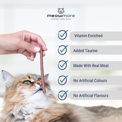 Meow More cat treat stick with vitamin enriched, added taurine and real meat features