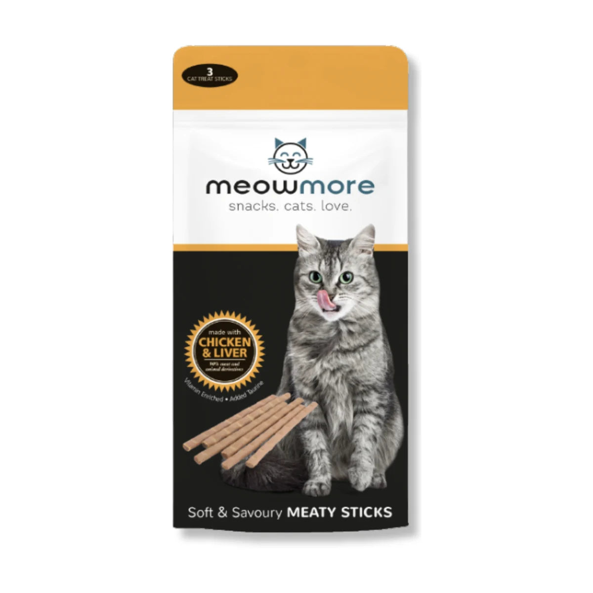 Meow More Chicken & Liver Cat Treat Sticks 15g pouch with three soft and savoury meaty sticks
