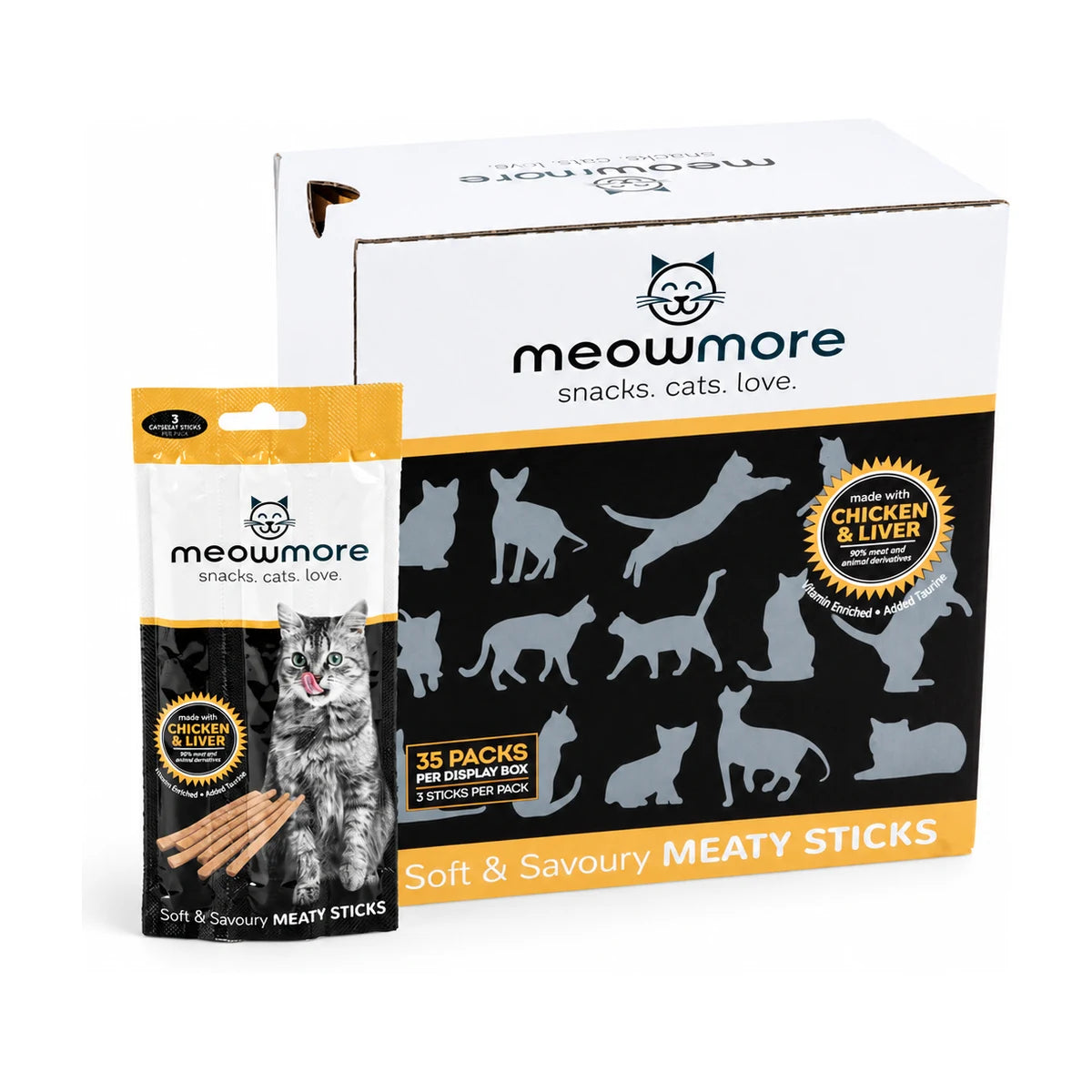 Meow More Chicken & Liver Cat Treat Sticks 35 x 15g display box with individual pouch, soft and savoury meaty cat treats for cats and kittens.