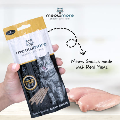 Meow More Chicken & Liver Cat Treat Sticks 15g made with real meat for cats