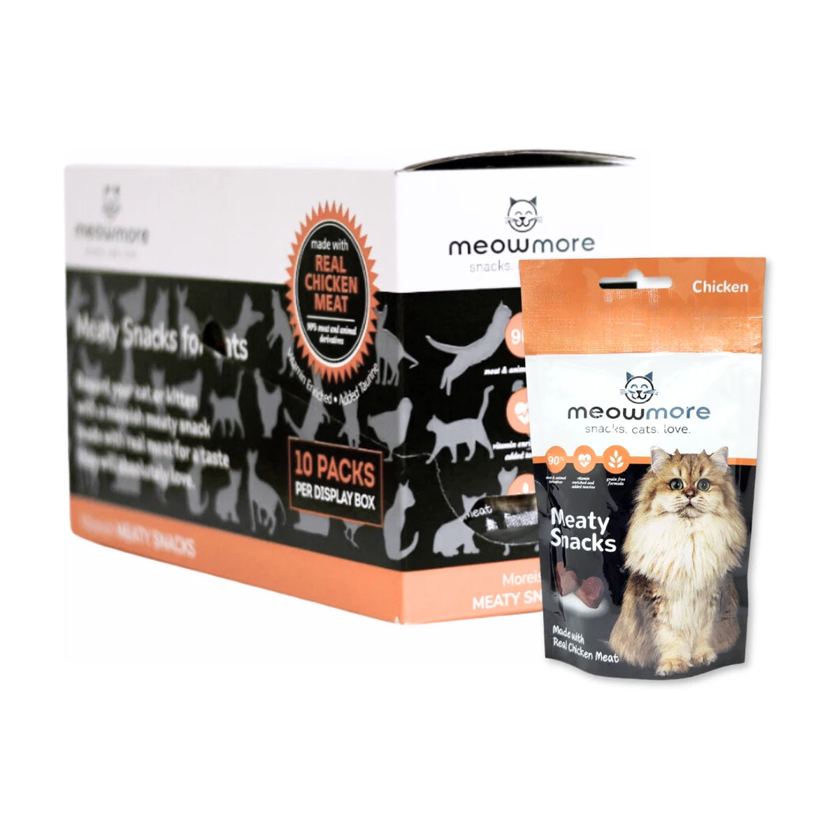 Meow More Meaty Snacks Chicken Cat Treats 10 × 35g bulk pack showing a display box of 10 chicken treat pouches and an individual 35g pouch.