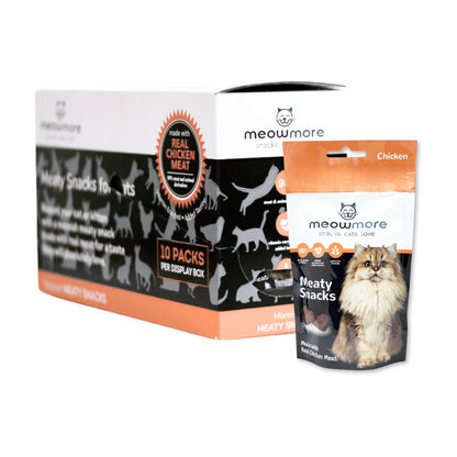 Meow More Meaty Snacks Chicken Cat Treats 10 × 35g bulk pack showing a display box of 10 chicken treat pouches and an individual 35g pouch.