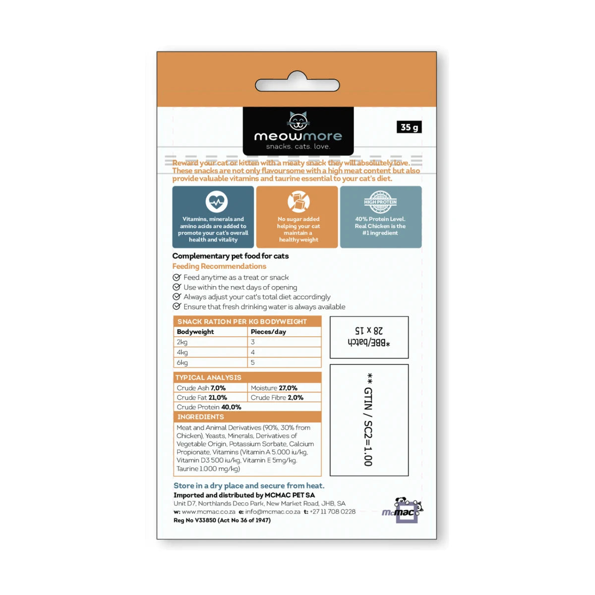 Back of Meow More Meaty Snacks Chicken Cat Treats 35g pouch with ingredients, feeding guide and typical analysis