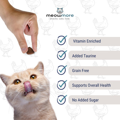 Meow More Chicken Meaty Snacks cat treats with added taurine, vitamins, grain-free recipe and no added sugar