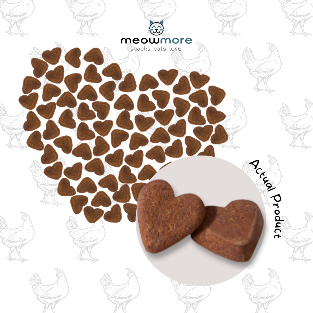 Meow More Chicken Meaty Snacks heart-shaped cat treats showing the actual product