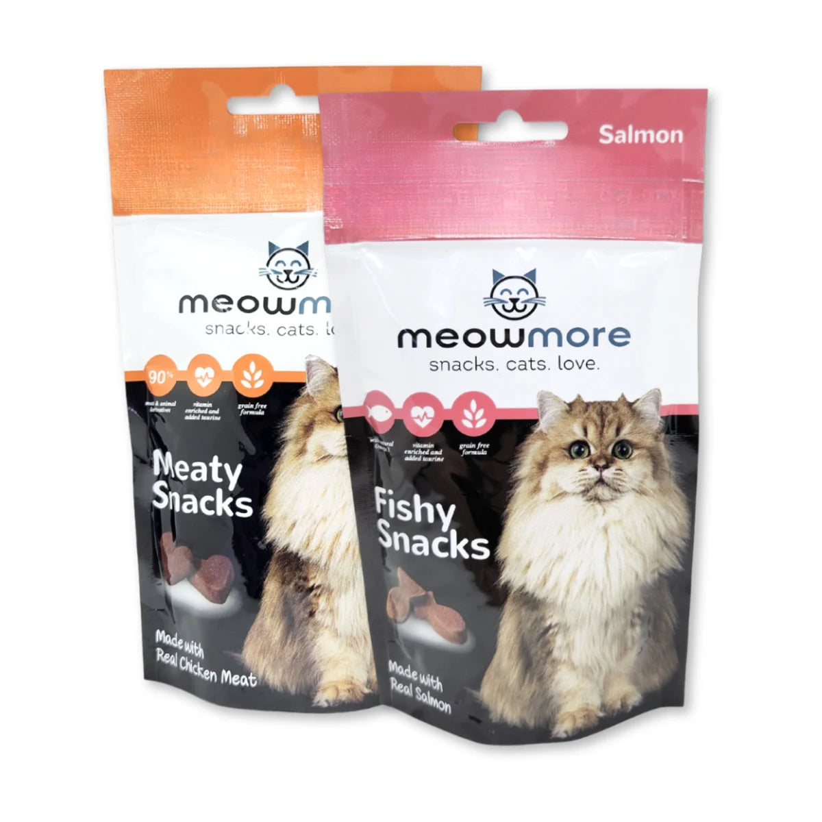 Meow More Meaty Snacks Chicken and Salmon cat treat pouches from the Meow More range