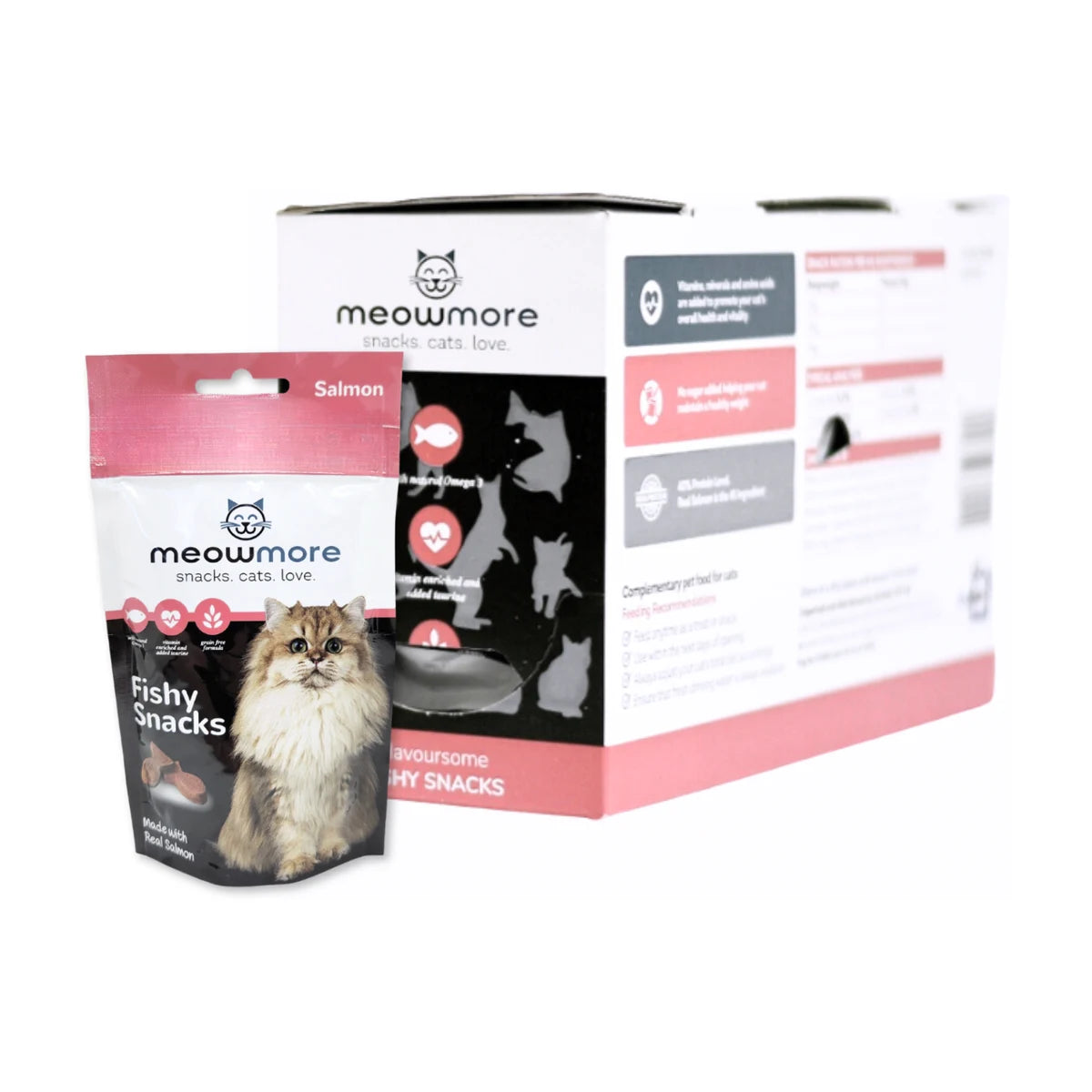 Meow More Meaty Snacks Salmon Cat Treats 10 × 35g bulk display box with an individual salmon cat treat pouch, showing the pink and black packaging.