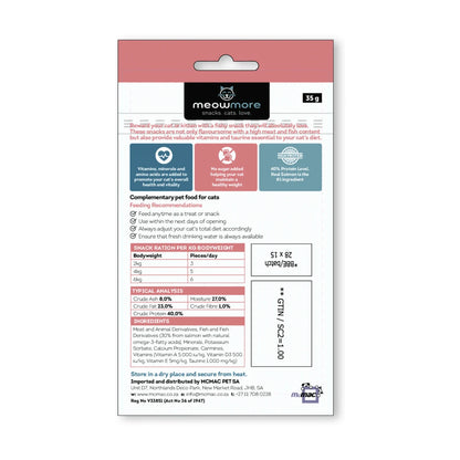 Back of Meow More Meaty Snacks Salmon Cat Treats 35g pouch with ingredients, feeding guide and typical analysis