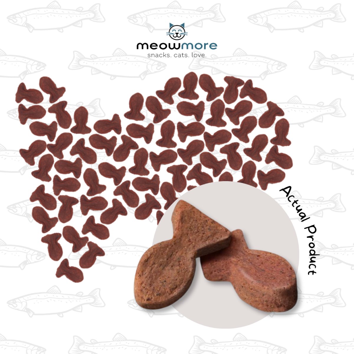 Meow More Salmon Meaty Snacks fish-shaped cat treats showing the actual product