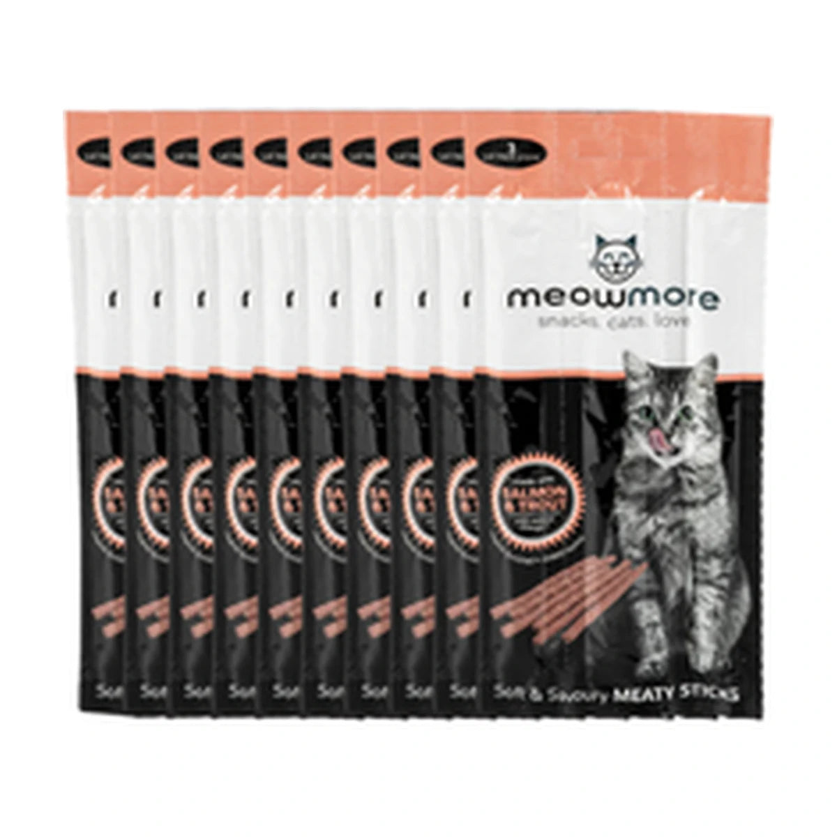 Meow More Salmon & Trout Cat Treat Sticks 10 x 15g promotional multipack for cats and kittens