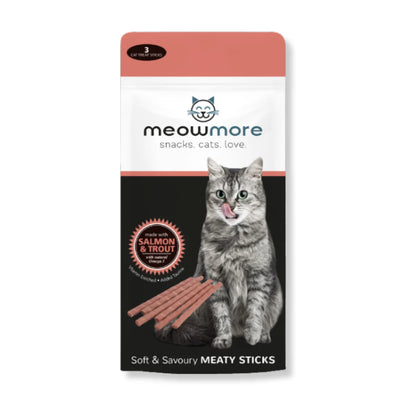 Meow More Salmon & Trout Cat Treat Sticks 15g pack with 3 soft savoury meaty cat treats