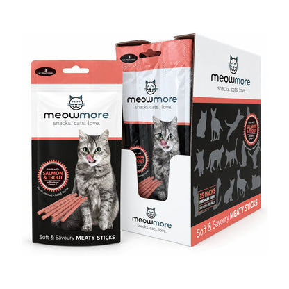 Meow More Salmon & Trout Cat Treat Sticks 35 × 15g bulk display carton with individual pouch showing soft pink meaty cat treat sticks, grey tabby cat and Salmon & Trout branding.