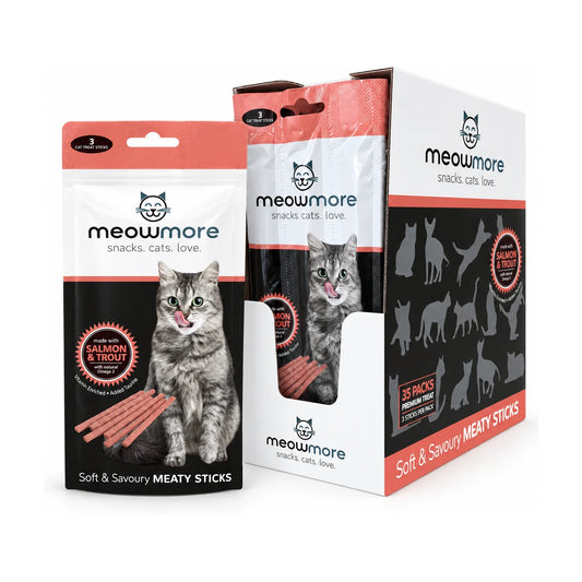 Meow More Salmon & Trout Cat Treat Sticks 35 × 15g bulk display carton with individual pouch showing soft pink meaty cat treat sticks, grey tabby cat and Salmon & Trout branding.