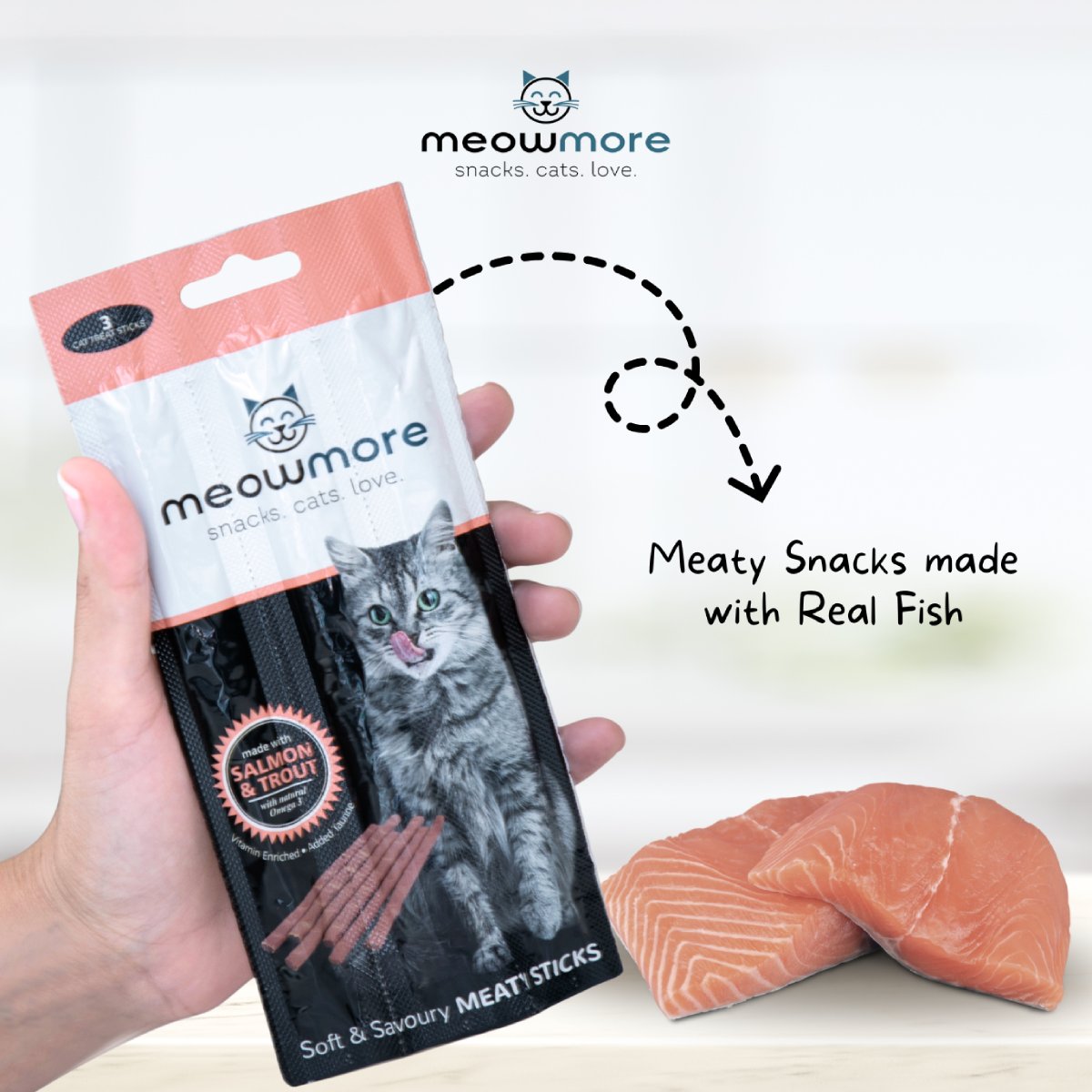 Meow More Salmon & Trout Cat Treat Sticks made with salmon and trout for cats