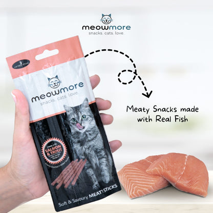 Meow More Salmon & Trout Cat Treat Sticks made with salmon and trout for cats