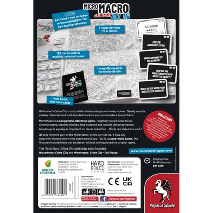 MicroMacro Crime City 3 All In back box showing huge city map 16 crime cases magnifying glass and cooperative detective gameplay details