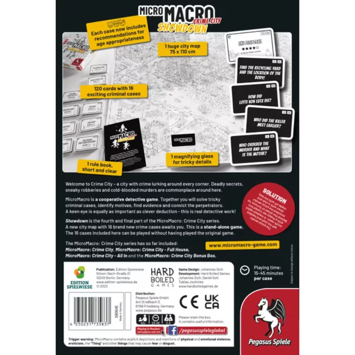 MicroMacro Crime City 4 Showdown back box showing huge city map 16 cases magnifying glass and cooperative detective gameplay details
