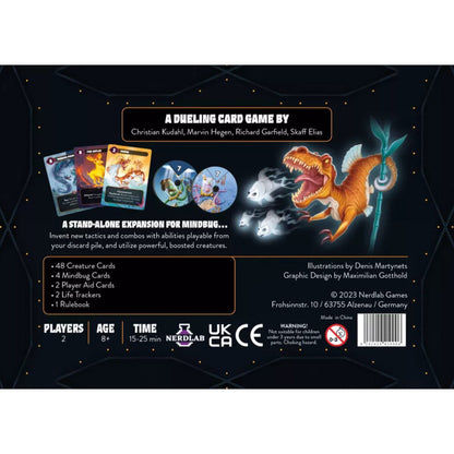 Back of Mindbug Beyond Eternity box showing standalone expansion details and 2 player card game contents